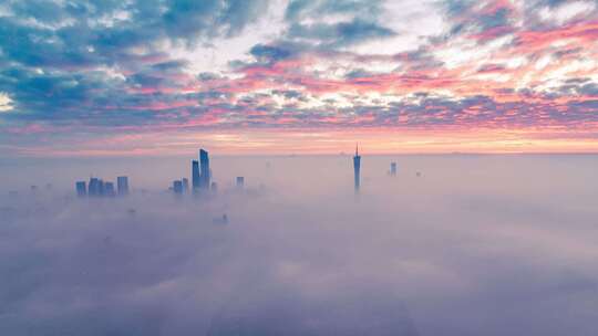 广东省广州塔日出云海航拍城市全景