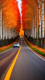 秋天汽车行驶在白桦林的马路上 唯美秋天