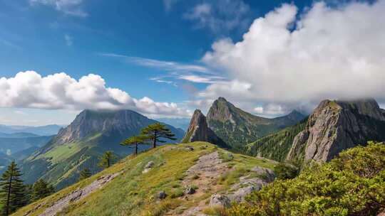 山间草地与云雾环绕的山峰