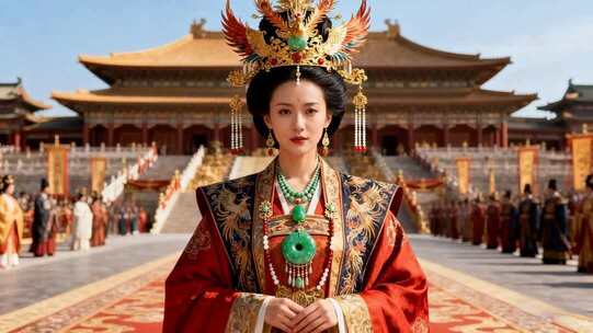 古装女子于宫殿前的形象