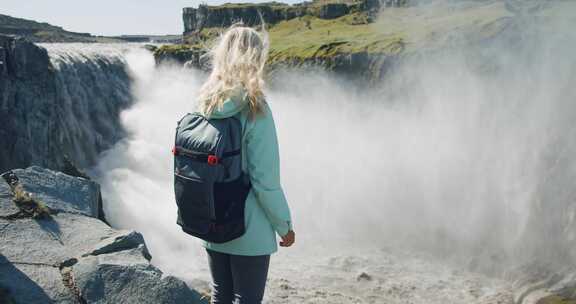 女人，Dettifoss，瀑布，冰岛