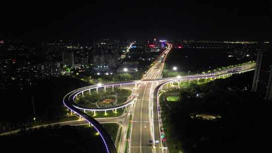 城市夜景交通高架桥夜景车辆行驶航拍