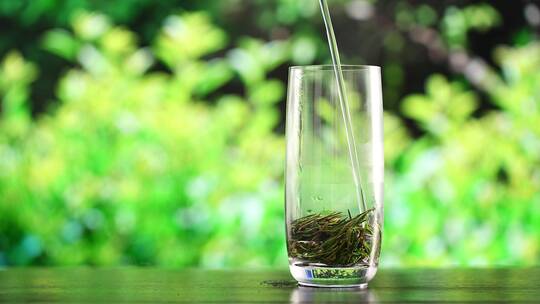 开水冲泡玻璃杯中的绿茶龙井茶视频素材模板下载