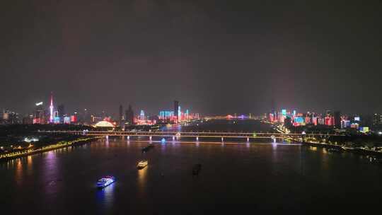 武汉长江大桥夜景航拍长江夜景城市建筑风光