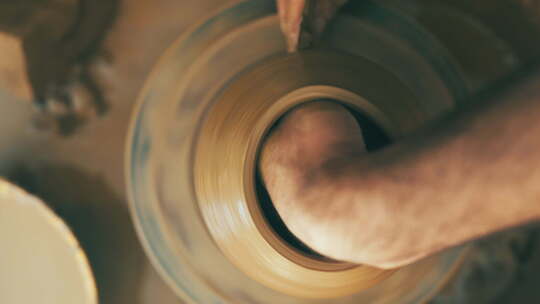 人、手和粘土，用于创造性地旋转陶器、花瓶