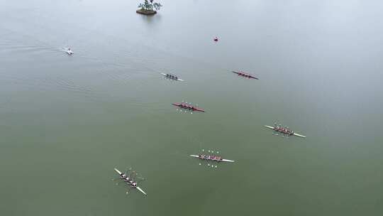 公园湖面静水多人赛艇比赛航拍4K视频素材模板下载