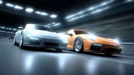 双跑车疾驰隧道内象征速度与激情
