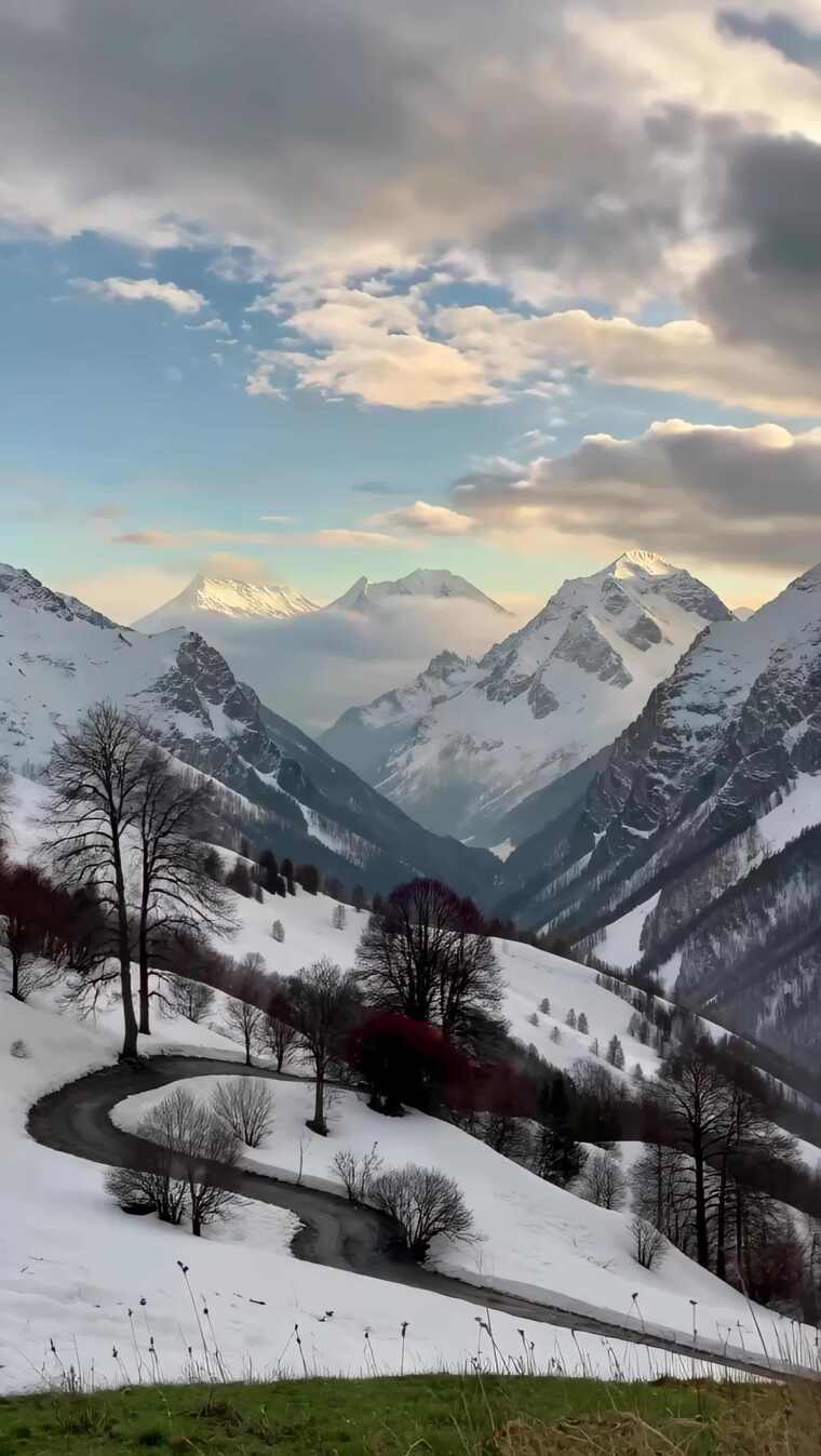 雪山山谷蜿蜒公路自然风光