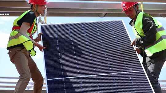 太阳能光伏板安装维修 工人施工铺装光伏板