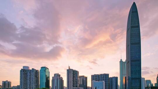 航拍夕阳下深圳福田天际线城市风光