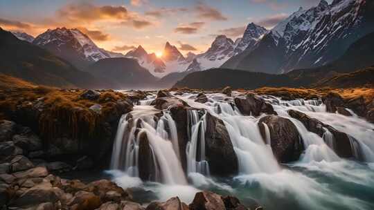 山间溪流与雪山日落景观