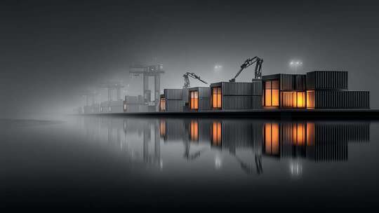 港口集装箱码头夜景与水面镜像