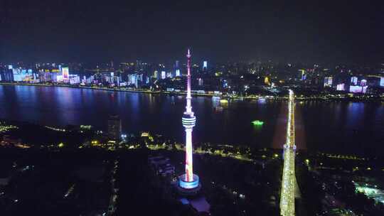 湖北省武汉市汉阳区龟山电视塔夜景航拍4k