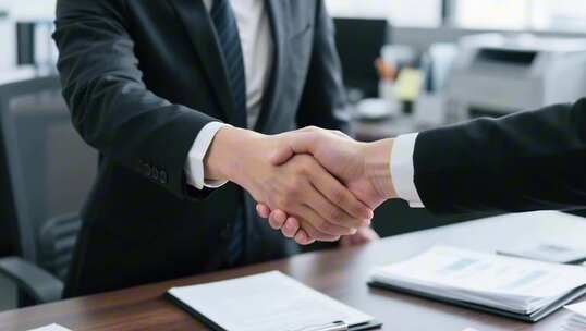 商务合作洽谈握手，职场会议电脑办公场景