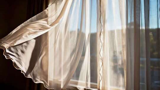 飘动的室内白色轻薄窗帘