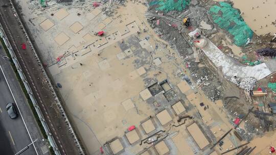 上海建筑工地暴雨建筑工地积水4K航拍视频素材模板下载