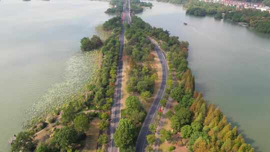 杭州湘湖景区道路航拍