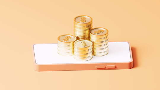 手机上的金币投资理财概念三维渲染
