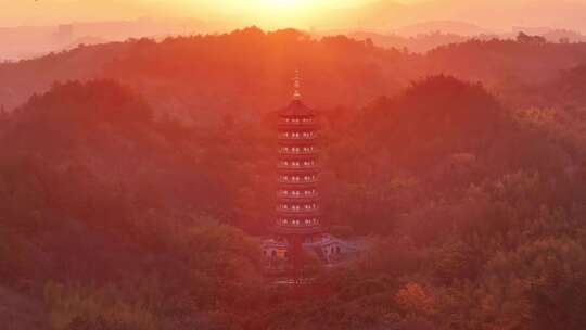 新昌大佛寺栖光净寺万佛塔日出航拍