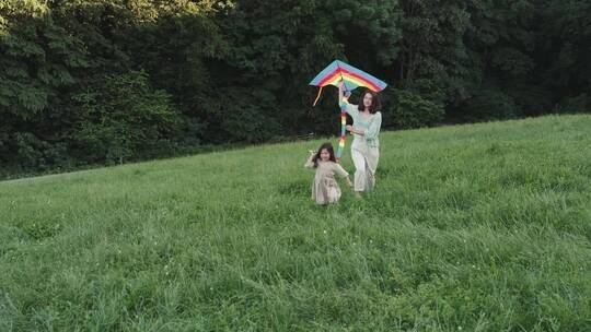 母女在草地放风筝慢动作视频素材模板下载
