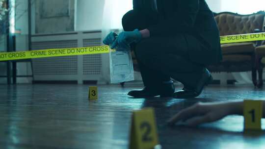 侦探在犯罪现场收集证据法医专家在一个