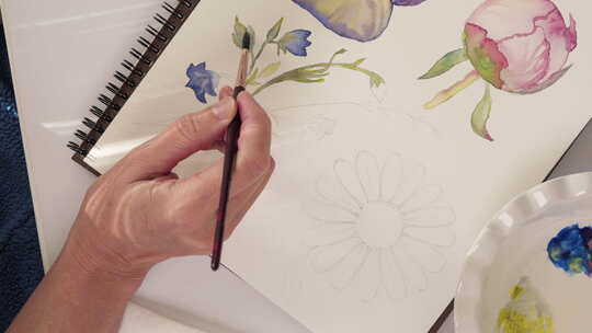 水彩画。女人画花卉水彩素描