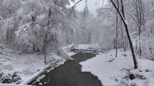 东北冬天长白山寒冷河流不冻河雾凇雪景