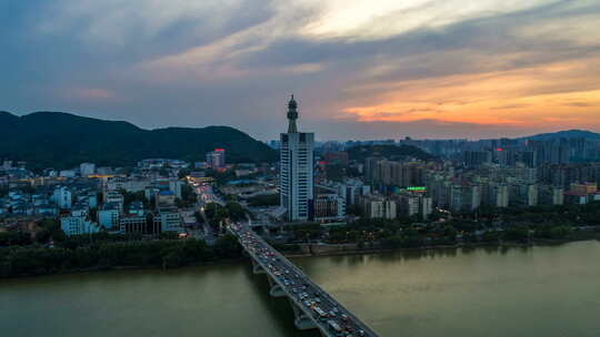 湖南长沙交警大楼夕阳景点航拍延时摄影