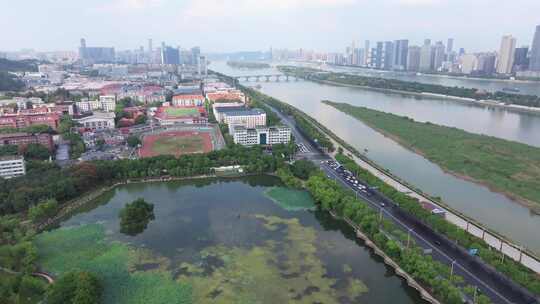 航拍长沙橘子洲头湘江两岸江景城市天际线