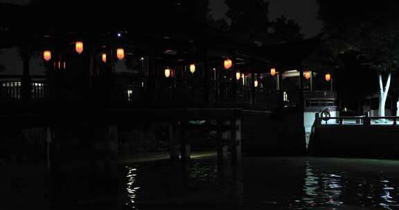 江南水乡河道沿河古建灯光夜景 苏州枫桥