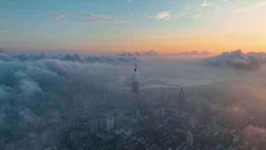 航拍南京紫峰大厦日出云海