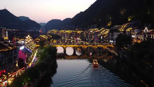 贵州航拍镇远古镇日落小城夜景场景