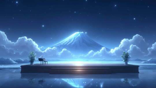 富士山星空下的舞台钢琴演奏