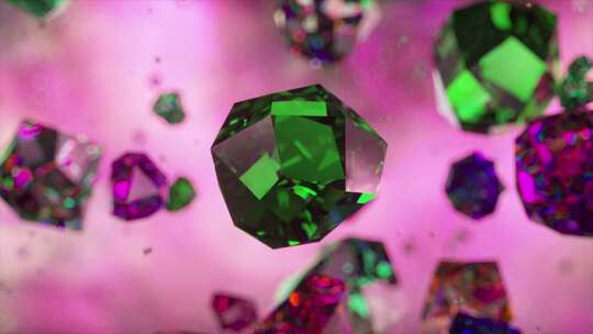 柔和粉色背景下翠绿色和多色调钻石的生动3
