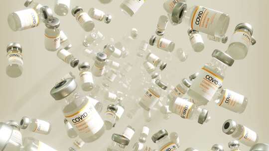 Covid 19 疫苗的玻璃瓶空间动画