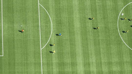 一个职业足球队夏天在一个维护良好的球场上训练的自上而下的鸟瞰图。
