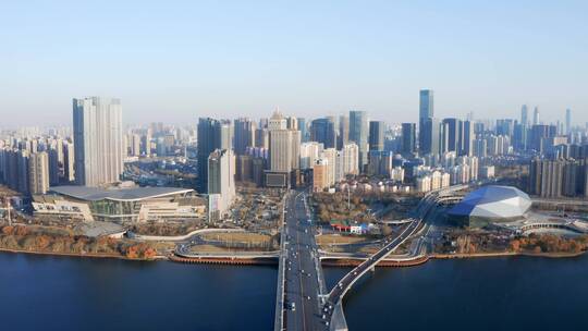 航拍沈阳浑河大桥和现代城市风光