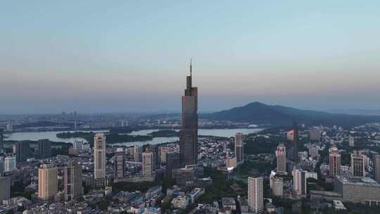 航拍江苏南京中央商务区紫峰大厦夕阳景观