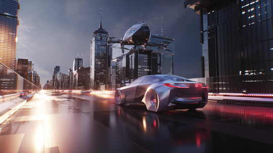 未来城市与骑车和飞行无人机出租车电影背景