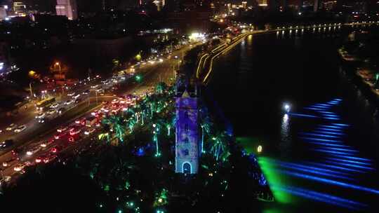 海口骑楼老街钟楼夜景视频素材模板下载