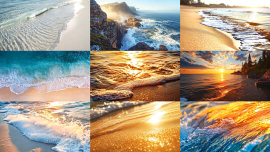 海浪浪花拍打扑向海岸岸边逆光特写