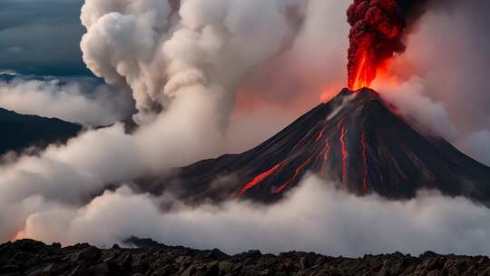 火山喷发云雾缭绕景象