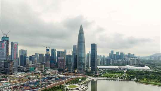 阴天航拍深圳后海深圳湾科技园春笋延时