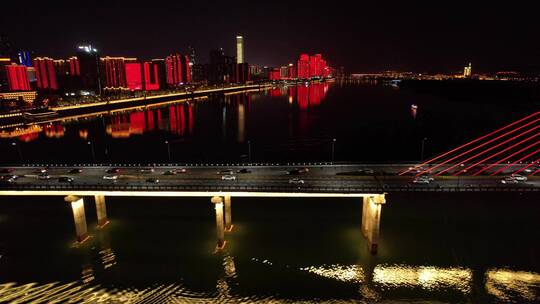 湘江大桥夜景桥上车辆行驶航拍