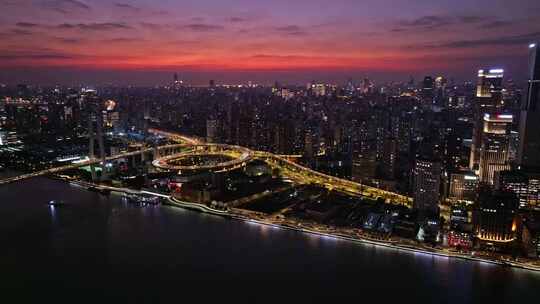 航拍上海黄浦江南浦大桥夜景