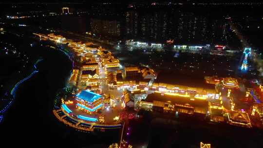 曲阜蓼河古街古建街区夜景航拍