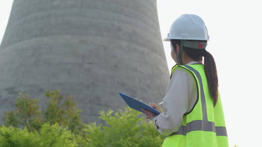 中国人女工程师戴建筑头盔工作记录