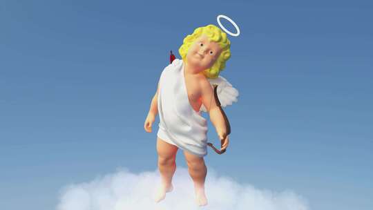 有趣的天使丘比特与翅膀在云上跳舞