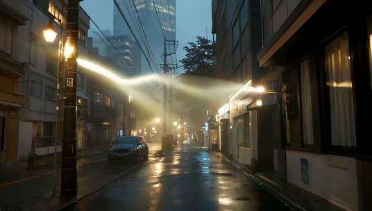 夜晚街道湿滑路面灯光景象