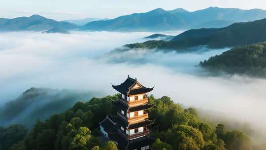 山间楼阁云海自然风光